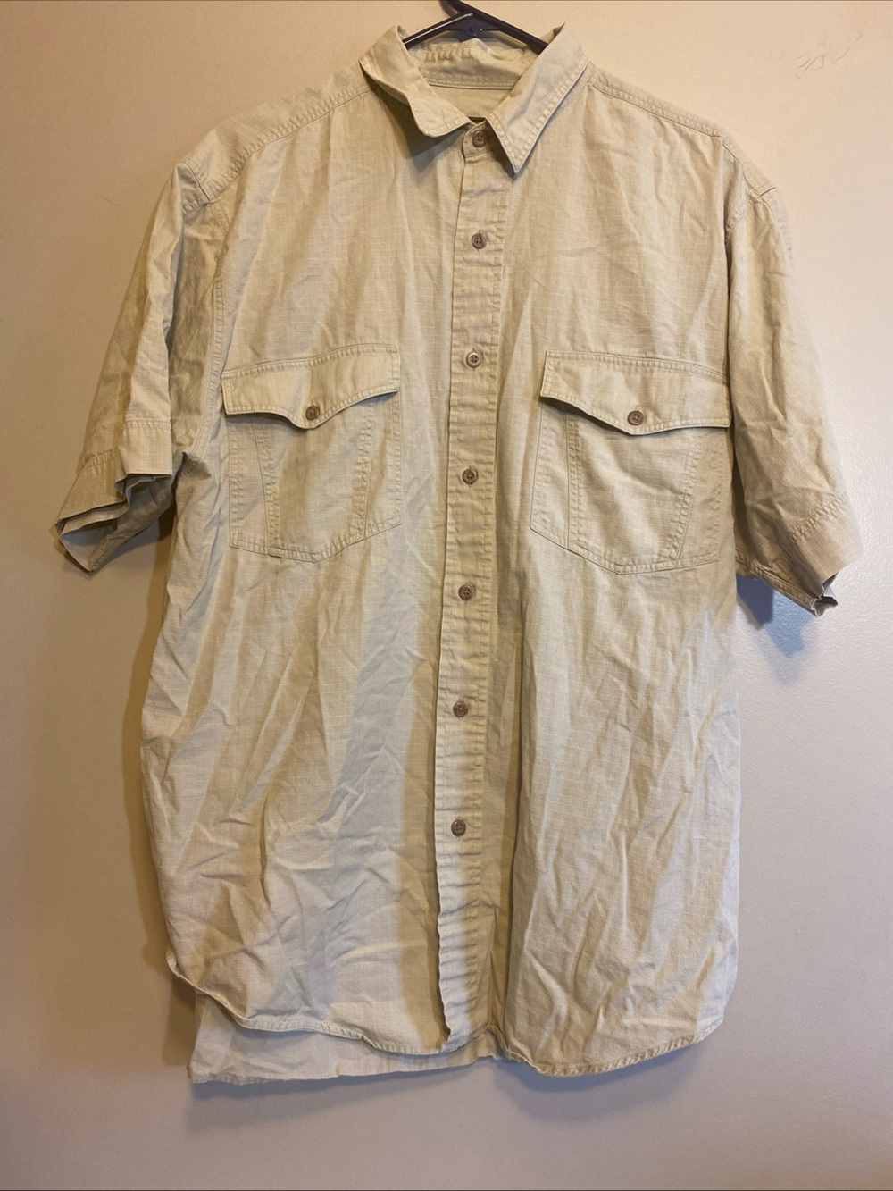 Eddie Bauer Outdoor Outfitter Men’s L Casual Button Up Tan Checker Short Sleeve